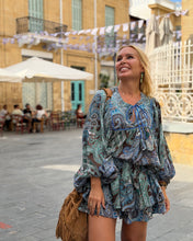 Load image into Gallery viewer, RUFFLE SHORT SKIRT/ chocolate brown and blue paisley