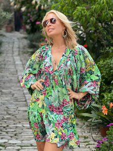 THALASSA SHORT DRESS/ green+lime floral print