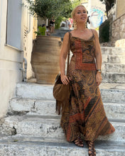 Load image into Gallery viewer, SLIP MAXI DRESS/ chocolate brown and caramel print with golden thread