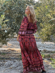 BELLA MAXI DRESS/ burgundy and red paisley print with metallic thread