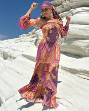 Load image into Gallery viewer, LA ISLA MAXI DRESS/ spicy orange, fuchsia , purple oriental print