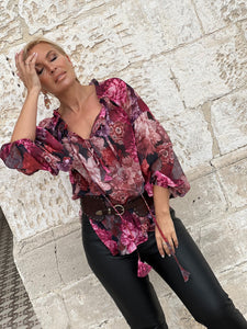 YASMINE BLOUSE / red and pink floral chiffon