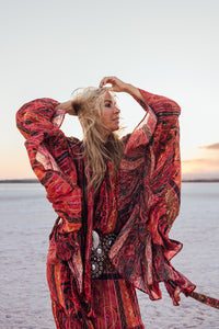 MUSE SHORT KIMONO /PONCHO / brick red oriental print