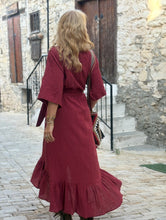 Load image into Gallery viewer, WRAP MIDI DRESS with kimono sleeves / red wine cotton