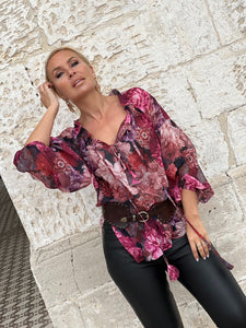 YASMINE BLOUSE / red and pink floral chiffon