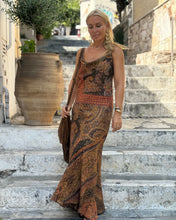 Load image into Gallery viewer, SLIP MAXI DRESS/ chocolate brown and caramel print with golden thread