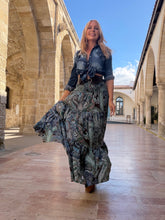 Load image into Gallery viewer, GYPSETTE MAXI SKIRT WITH 6 mtrs ruffle / chocolate brown and blue paisley