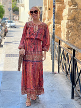 Load image into Gallery viewer, BOHOSOUL MAXI DRESS/ brick red+burgundy paisley print woth metallic thread