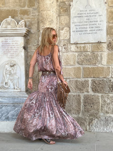 KARIATIDE MAXI DRESS/ Cafe Latte:  beige+dusty rose silk