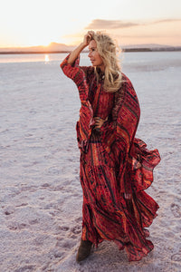 MUSE SHORT KIMONO /PONCHO / brick red oriental print