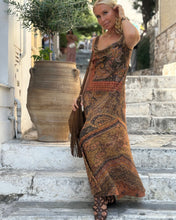 Load image into Gallery viewer, SLIP MAXI DRESS/ chocolate brown and caramel print with golden thread