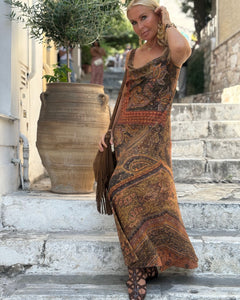 SLIP MAXI DRESS/ chocolate brown and caramel print with golden thread