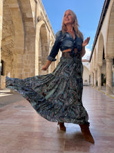 Load image into Gallery viewer, GYPSETTE MAXI SKIRT WITH 6 mtrs ruffle / chocolate brown and blue paisley