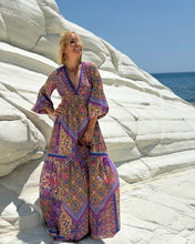 Load image into Gallery viewer, HIPPIE MAXI DRESS/ wild orchid blue, purple, yellow oriental print