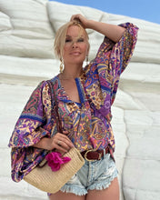 Load image into Gallery viewer, THALASSA BLOUSE WITH XL SLEEVES/ wild orchid blue , purple, yellow oriental print