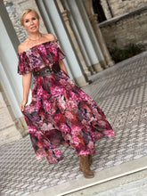 Load image into Gallery viewer, FLAMENCO MAXI DRESS/ red and pink floral chiffon