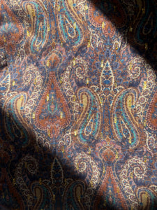 NOMAD MAXI DRESS/ earthy colors with purple paisley print and metallic thread