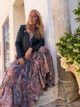 Load image into Gallery viewer, GYPSETTE MAXI SKIRT with 6 mtrs ruffle/burgundy and turquoise paisley