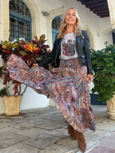 Load image into Gallery viewer, GYPSETTE MAXI SKIRT with 6 mtrs ruffle/burgundy and turquoise paisley