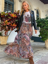 Load image into Gallery viewer, GYPSETTE MAXI SKIRT with 6 mtrs ruffle/burgundy and turquoise paisley